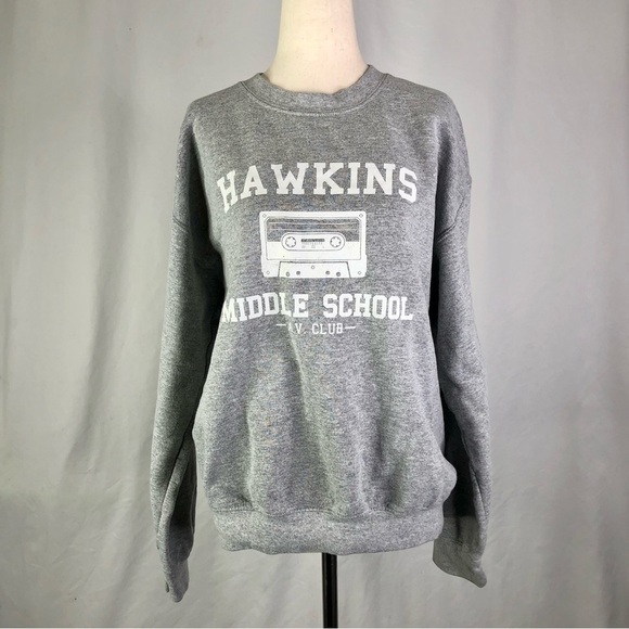 Stranger Things Hawkins Middle School AV Club grey crewneck sweatshirt M - Picture 1 of 9